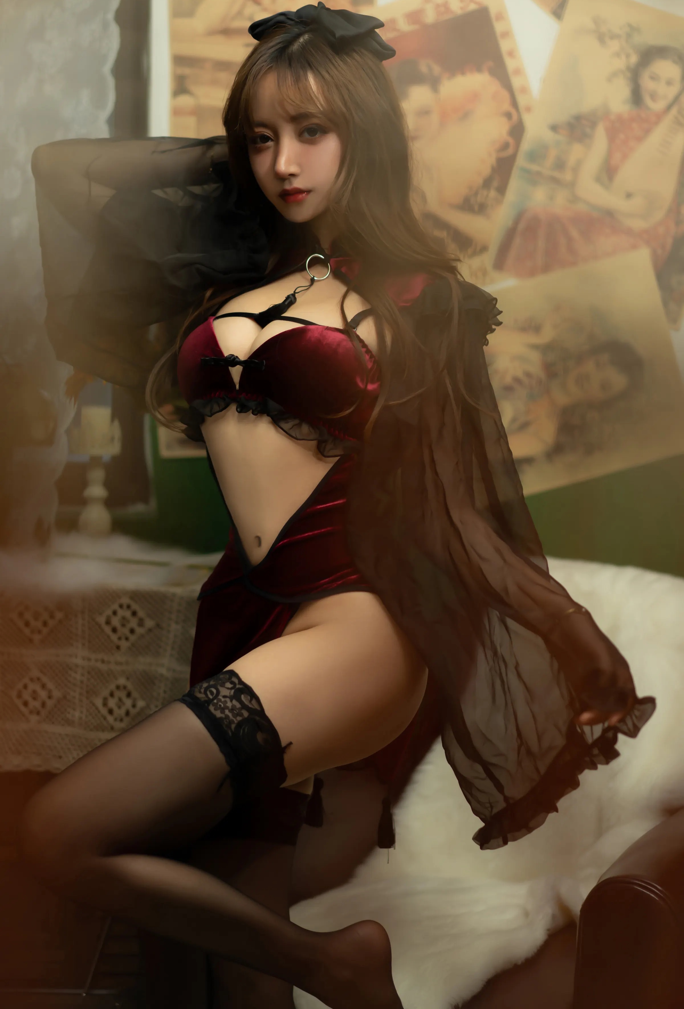 Coser美女_过期米线线喵_No.100 红丝绒旗袍 主题写真 [53P]-看套图